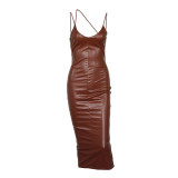 Sexy V-neck exposed backpack hip slit sling leather skirt mid-length skirt dress women SUM2575A