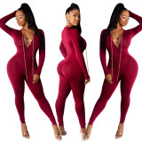 Sexy V-neck chain cross tie long-sleeved skinny Womens jumpsuit XZ3698