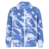 Fashion blue sky and white cloud print lamb wool cardigan sweater top HC6783W0I