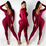 Sexy V-neck chain cross tie long-sleeved skinny Womens jumpsuit XZ3698