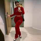 Womens casual solid color long-sleeved embroidery letters plus velvet thick two-piece suit SDD9448