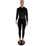 Womens solid color stitching suit personalized zipper sports sweater two-piece suit R3120