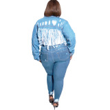 Ripped washed fringe halter back and belly button sexy short plus size Womens denim jacket OSS19443