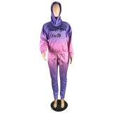 Gradient color positioning letter printed sweater fabric casual hooded sweater two-piece suit LSN778