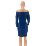 One-shoulder tight-fitting hip-washed sexy denim dress OSS18331