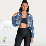 Ripped washed fringe halter back and belly button sexy short plus size Womens denim jacket OSS19443