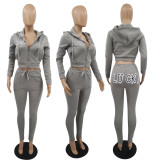 Womens solid color hooded letter casual two-piece suit KK8229