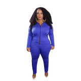 Pure color zipper fashion casual suit plus size Womens two-piece suit OSS20931