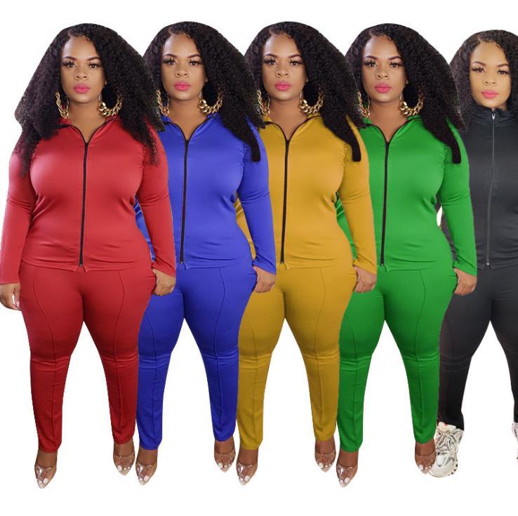 Pure color zipper fashion casual suit plus size Womens two-piece suit OSS20931