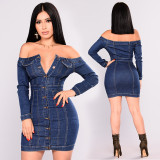 One-shoulder tight-fitting hip-washed sexy denim dress OSS18331