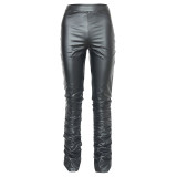 Solid color elastic high-waisted leather pile trousers with elastic at the foot K20608P
