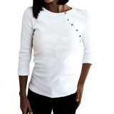Top Features bevel button round neck slim solid color all-match top ZC3847