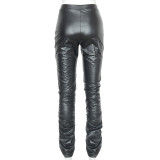 Solid color elastic high-waisted leather pile trousers with elastic at the foot K20608P