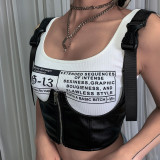 PU leather slim waistcoat letter print short vest women T1734491