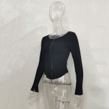 Long sleeve threaded zipper cardigan top T-shirt women YB9083