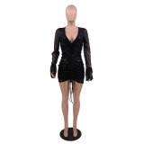 V-neck ostrich feather lantern sleeves nightclub sequin party sexy A-line dress CCY8785