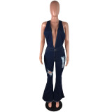 Womens jeans ripped holes show thinness suspenders jumpsuit JLX6041