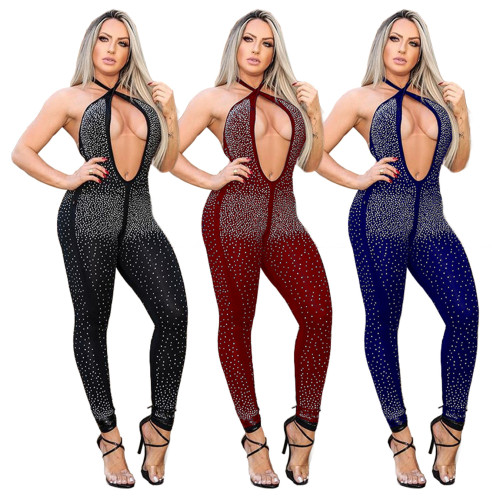 Womens sexy backless hot drill halterneck jumpsuit trousers JLX9101
