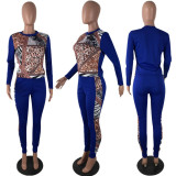 Urban fashion casual round neck pullover long sleeve leopard print stitching Womens suit two-piece suit S6257