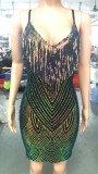 Sequin sling tassel A-line dress nightclub high-end sexy bare chest CCY8218B