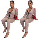 Solid color sports pleated jumpsuit with zipper BN9259