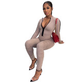 Solid color sports pleated jumpsuit with zipper BN9259