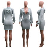 Womens Fashion Casual Solid Color Hooded Long Sleeve Dress Side Pocket Straight Skirt SN390014