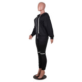Knee hole zipper hood autumn and winter two-piece suit LA6625