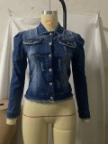 New elastic frayed denim jacket women with holes CJ924