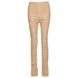 Elastic waist solid color casual trousers high waist temperament leather pants women K20P09504