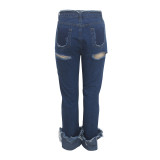 Fashion personality front and rear ripped trousers stitching non-elastic straight trousers new HSF2086
