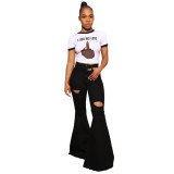 Fashion all-match wide leg denim stretch flared pants with holes in the knee HSF2364