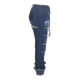 Fashion personality front and rear ripped trousers stitching non-elastic straight trousers new HSF2086