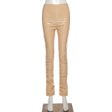 Elastic waist solid color casual trousers high waist temperament leather pants women K20P09504