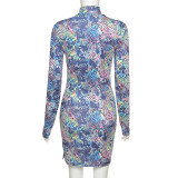 Womens Fashion Color Printed Slim Fit Hip Sexy Long Sleeve Dress K20D09290