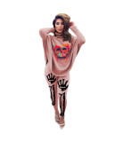 Fashion casual printing skull personality bat sleeve split trousers two-piece suit SSD1084