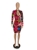 Womens printed pleated V-neck zipper dress CY1274