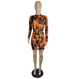 Fashion net gauze print short dress with wood ears ML7396