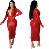 Womens Deep V Micro-elastic Long Sleeve Slim Fit Mid-length Dress K2064