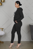 Fashion solid color round neck stitching suit two-piece suit with hat waist rope pocket WY6710