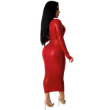 Womens Deep V Micro-elastic Long Sleeve Slim Fit Mid-length Dress K2064