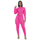 Fashion round neck slim suit two-piece trousers with waist rope double pockets WY6716