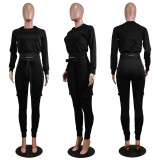 Fashion round neck slim suit two-piece trousers with waist rope double pockets WY6716
