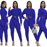 Fashion round neck slim suit two-piece trousers with waist rope double pockets WY6716