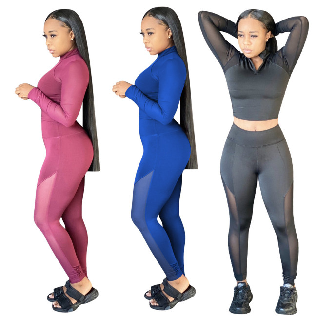 Womens autumn and winter new high elastic yoga suit mesh stitching pants suit YZ938