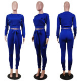 Fashion round neck slim suit two-piece trousers with waist rope double pockets WY6716