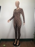 Sexy Printed Zipper V-Neck Long Sleeves Skinny Jumpsuit AMM8833