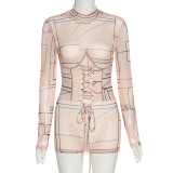 Sexy mesh see-through digital printing waistband jumpsuit K20Q09676