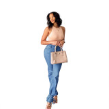 Womens fashion high waist denim trousers with straps WWY7133-01