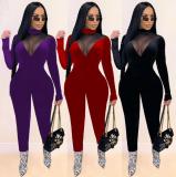 Womens fashion casual sexy gold velvet mesh stitching see-through slim long jumpsuit SM9128